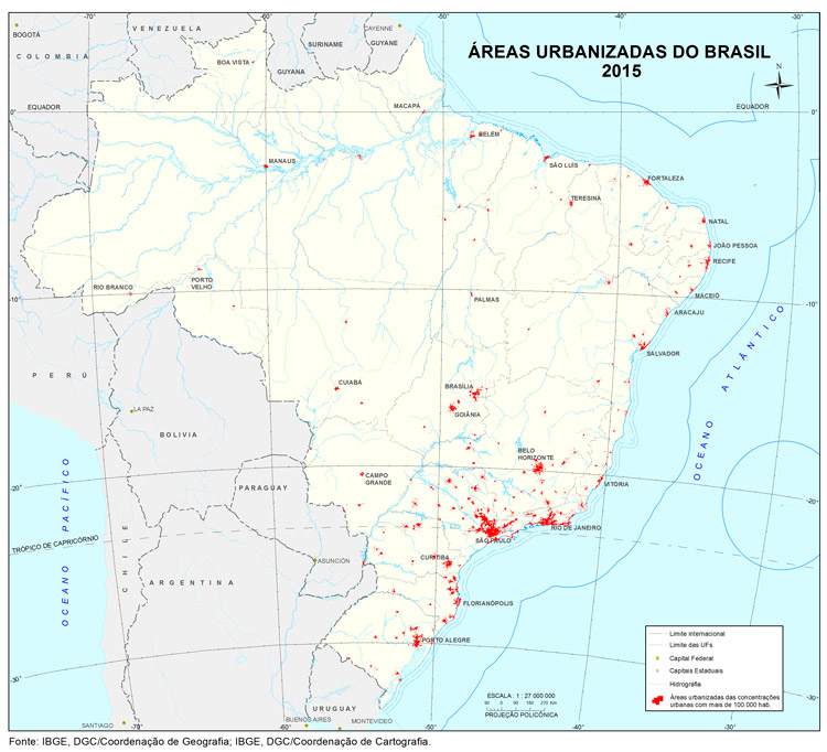 #PraCegoVer Mapa das áreas urbanizadas do Brasil