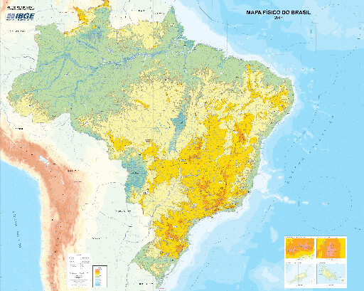 #PraCegoVer mapa físico do Brasil com hidrografia e escala de cores do azul (altitude negativa) a rosa (3000m)