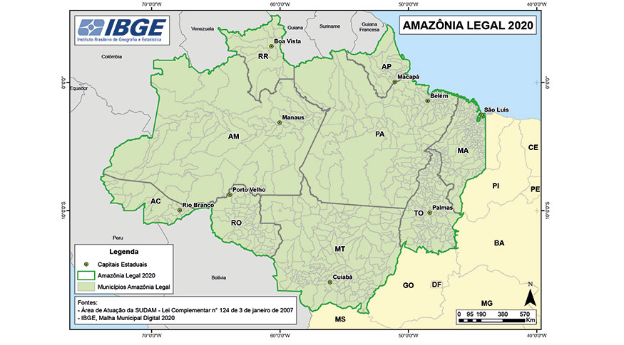 #PraCegoVer Recorte do mapa do Brasil mostrando os limites da Amazônia Legal com os 9 estados