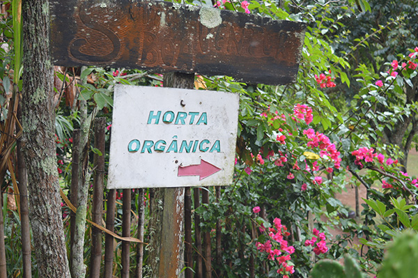 #praCegoVer Placa indicando a direção de uma horta orgânica