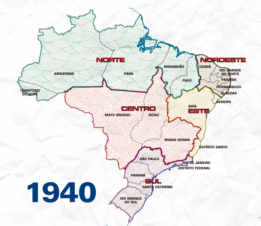 #PraCegoVer mapa do Brasil de 1940 dividido em 5 regiões, estas em 21 estados e territórios