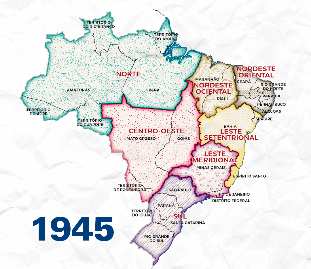 #PraCegoVer mapa do Brasil de 1945 dividido em 7 regiões, estas em 26 estados e territórios