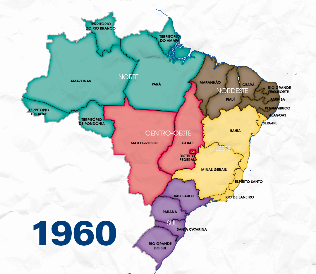 #PraCegoVer mapa do Brasil de 1960 dividido em 5 regiões, estas em 25 estados e territórios