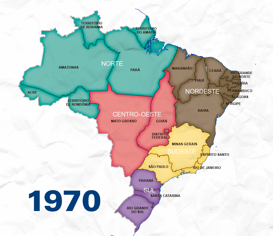 #PraCegoVer mapa do Brasil de 1970 dividido em 5 regiões, estas em 27 estados e territórios