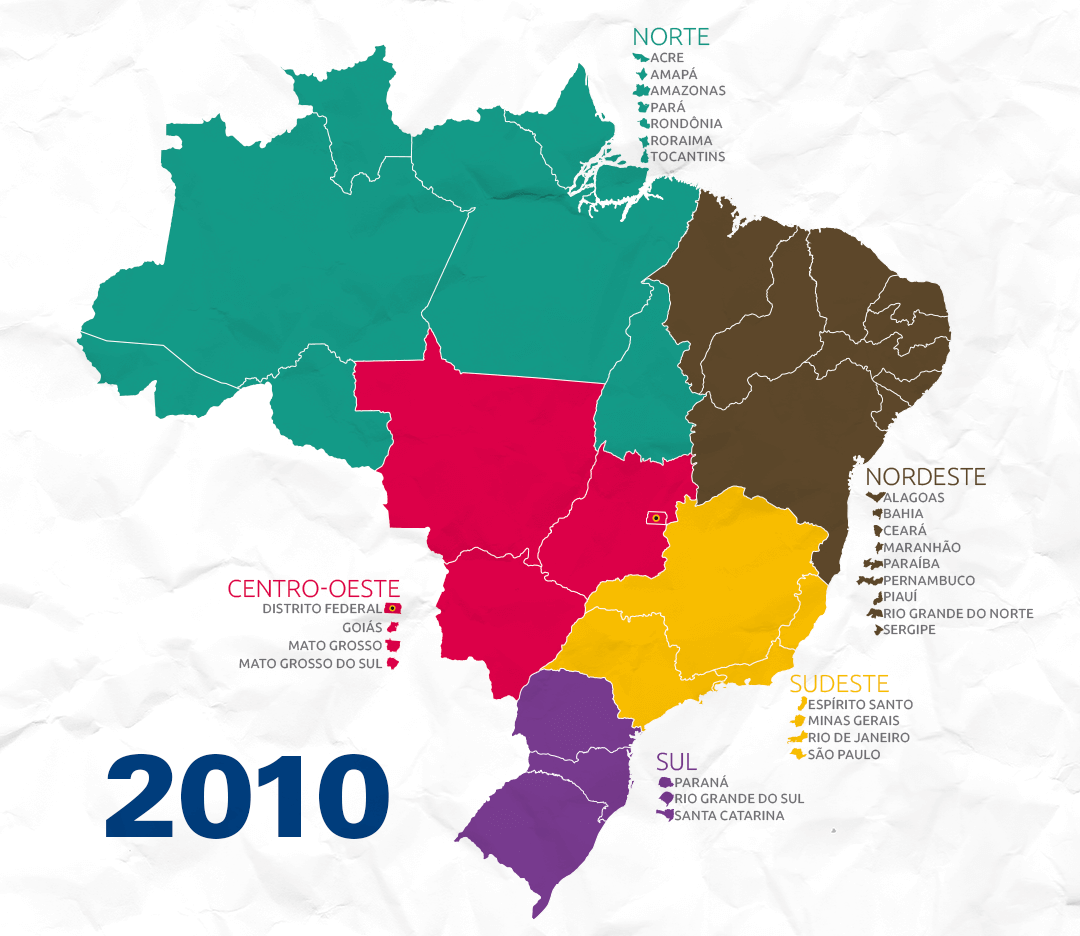 #PraCegoVer mapa do Brasil de 2010 dividido em 5 regiões, estas em 27 unidades federativas