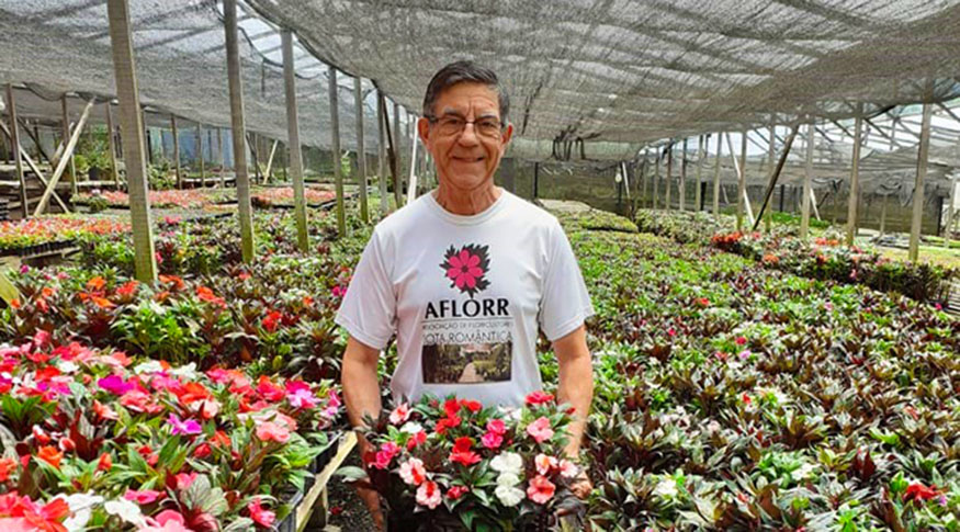 #PraCegoVer Produtoir de flores ao centro, dentro da estufa cheia de flores