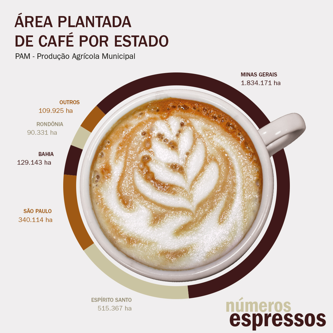 #pracegover xícara de capuccino vista do alto com gráfico de rosca em volta dela. o gráfico mostra a área plantada de café no brasil por estado